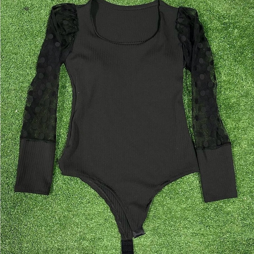 Black Long Sleeve Bodysuit with Sheer Polka Dot Sleeves